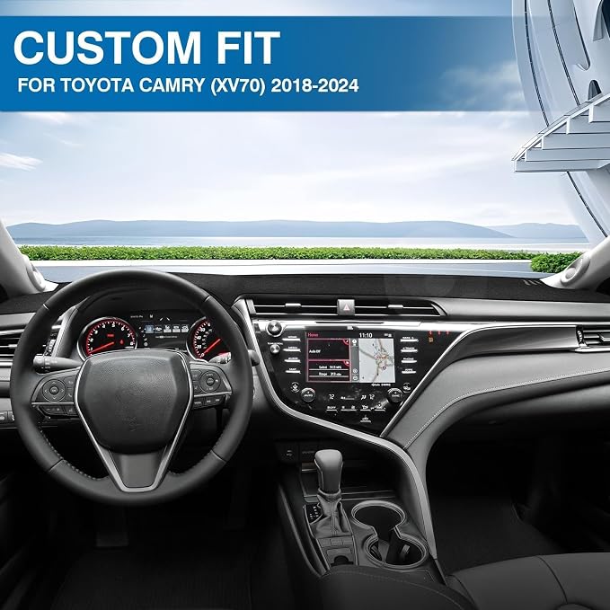 KUST Black Dash Cover for Toyota Camry 2018-2022 2023 2024 (L, LE, SE, XLE, XSE, XLE V6, XSE V6) (Without HUD) Polyester Dashboard Cover Non-Slip Interior Accessories for Camry No Glare