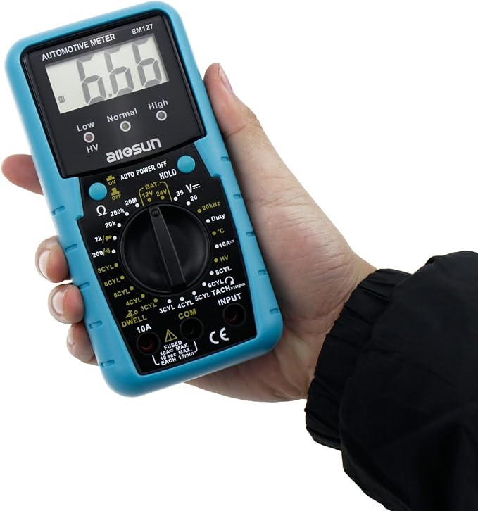 ALLOSUN EM127 Digital Automotive Meter Digital Multimeter RPM Dwell Angel Ignition System Test Duty Cycle Measurement 1999 Reading LCD DCV DC Resistance Measure
