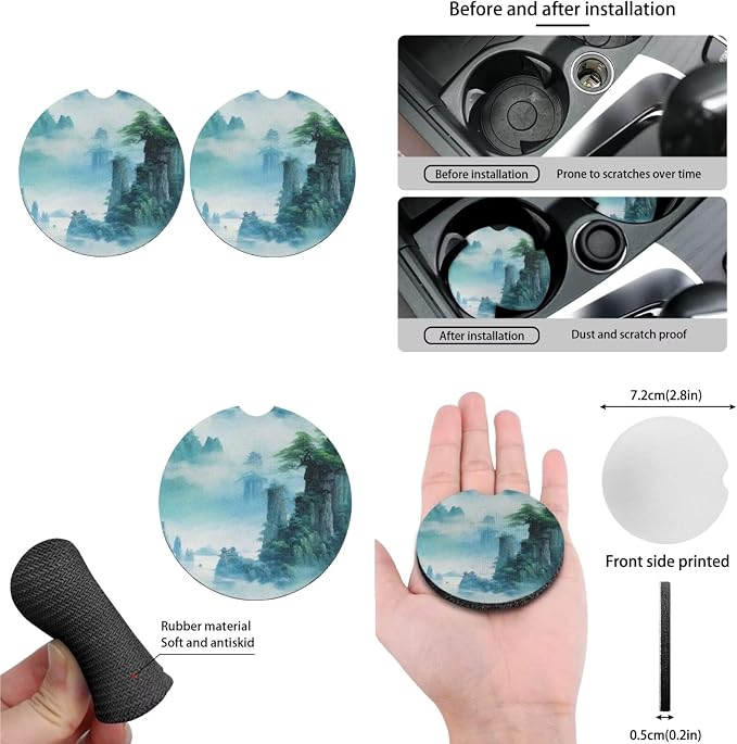 Turquoise Landscape Painting 13 PCS Car Seat Covers Full Set Retro Mountain Range Print Car Front Back Seat Cover Steering Wheel Cover Fit Auto SUV Trucks