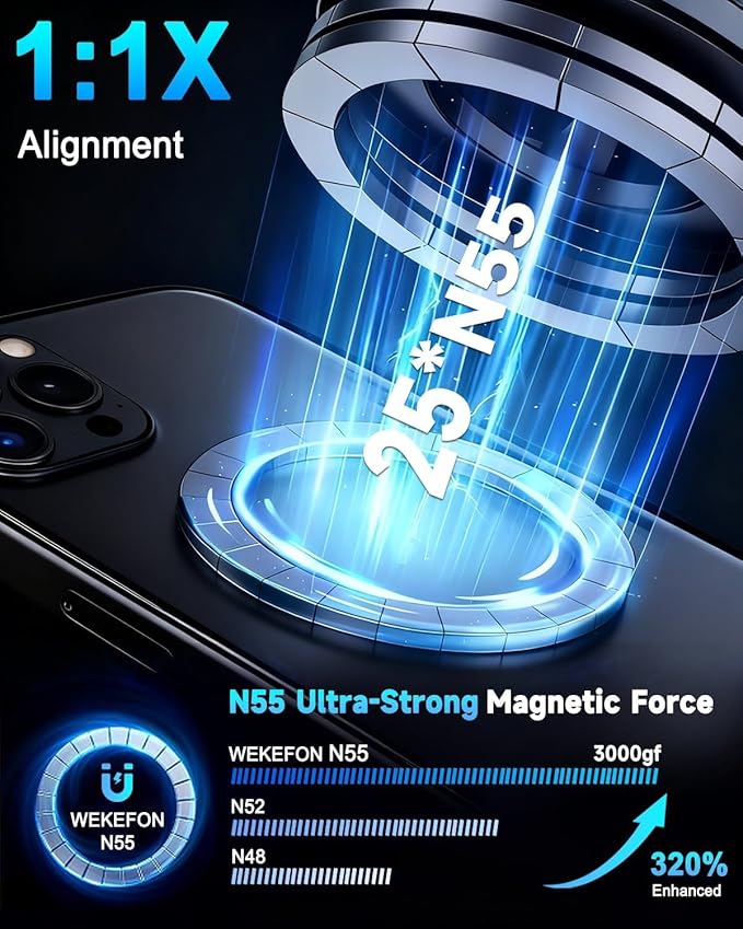 Car Phone Holder Upgraded Vacuum Magnetic Phone Holder for Car with N52 Magnet, Adjustable Suction Cup Phone Mount, Includes Metal Ring