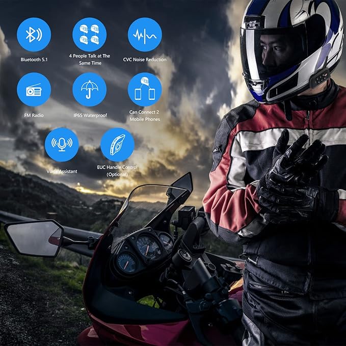 EJEAS V4 Plus Helmet Communication System, Motorcycle Bluetooth V5.1 Headset 1500m Helmet Intercom with Noise Reduction/3D Sound/FM Radio/Hands-Free, Ideal for 2 to 4 Riders Group Talking (1PC)