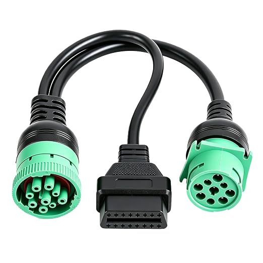 2 Pack Green Type 2 9 Pin J1939 Male to J1939 Female/16 Pin OBD2 Splitter Y Cable for Heavy Duty Truck