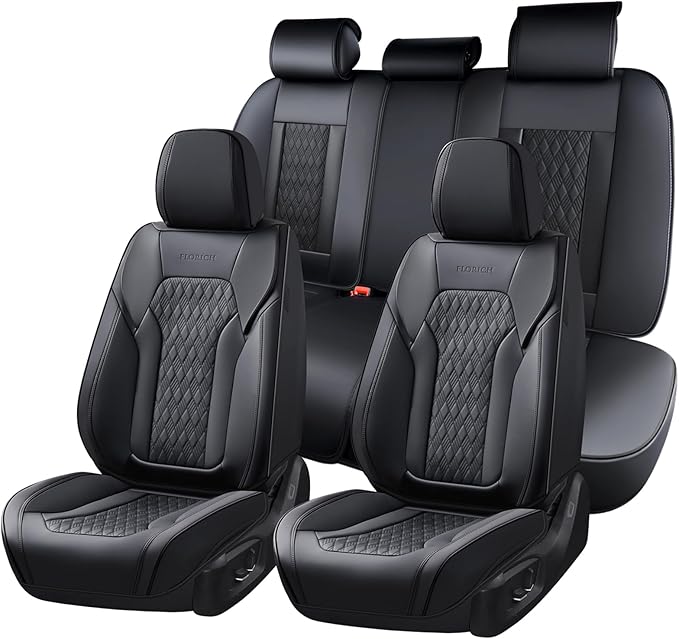 FLORICH Seat Covers, Car Seat Covers Full Set, Luxury Nappa Leather Seat Covers, Breathable and Waterproof Car Seat Protector 5 Seat, Automotive Seat Covers Universal Fit for Most Cars-Black&Beige