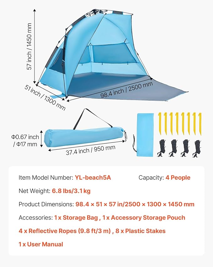 VEVOR Beach Tent Sun Shelter for 4 Person, Pop Up Beach Tent UPF 50+, Portable Sun Shade Beach with Carrying Bag and Sand Pockets, Easy Setup Umbrella for Camping Fishing Outdoor Picnic