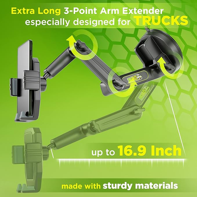 Gray Semi Truck Phone Mount & Green Semi Truck Phone Mount, Heavy Duty Cell Device Holder for Dashboard Windshield 16.9 inch Long Arm, Stable and Super Suction Cup (2 Device Mounts)