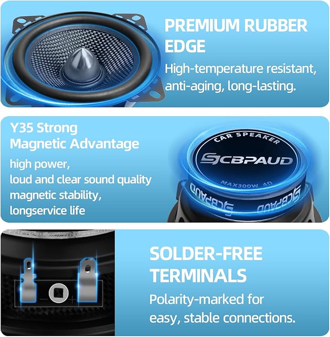 Upgrade 4" Car Speakers 300W Peak Power - High-Performance Carbon Fiber Cone Woofers, Bullet Head Design for Clear Bass & Stereo Sound - Suitable for Cars, Trucks, SUV, Home Theater, DIY(2-Pack)