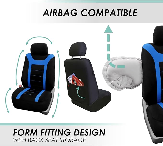 FH Group Car Seat Covers Universal Fit Full Set Interior Accessories, Sports Blue Seat Covers with Airbag and Split Rear Automotive Combo Vinyl Floor Mats Seat Covers for Cars Vans Trucks and SUV