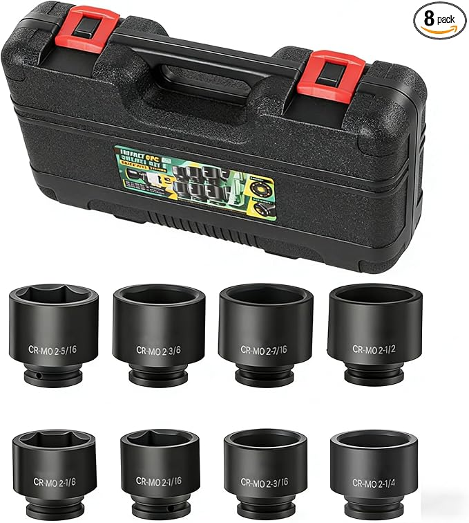 3/4 Inch Drive Impact Jumbo Socket Set,Spindle Axle Nut Impact Socket Set,6-Point,SAE(2-1/16" to 2-1/2"),8 Pcs,Cr-MO Steel,With a Storage Case