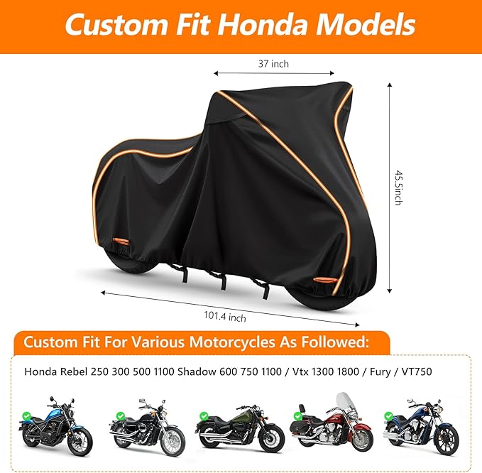 420D Motorcycle Cover for Honda Rebel 250 300 500 1100 Shadow 600 750 1100 / Vtx 1300 1800 / Fury / VT750,Outdoor Bike Cover Windproof Heavy Duty Waterproof Protection