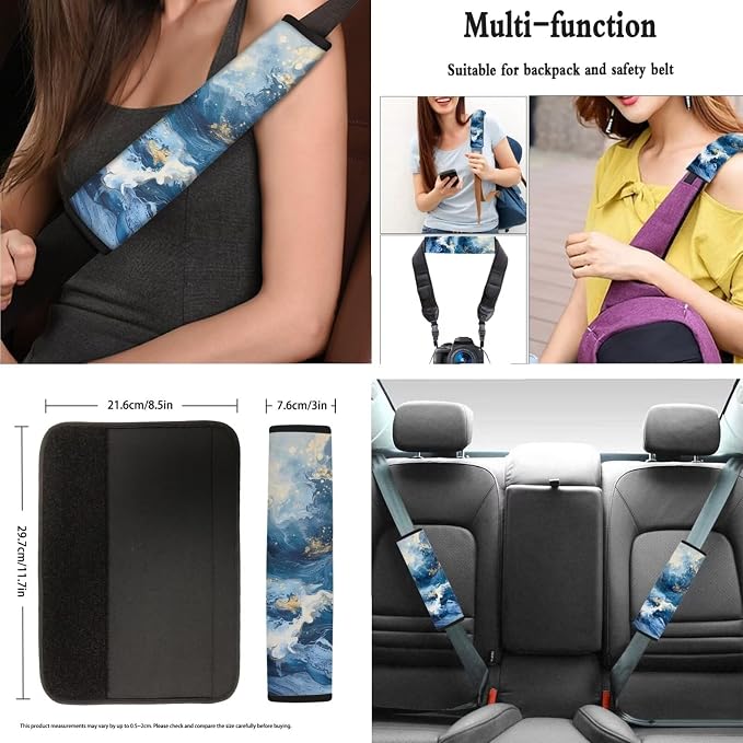 AFPANQZ Blue Marble Car Seat Covers Full Set 13 Packs Steering Wheel Cover + Safety Seat Belt Pads + Car Cup Holder Coaster + Handrake Cover + Gear Shift Knob Cushion for Men Women