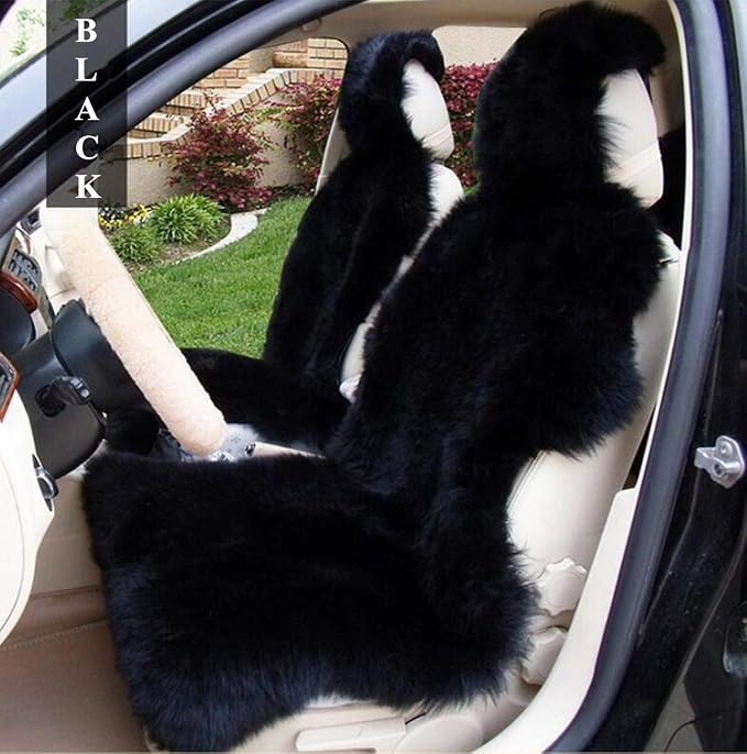 Winter Warm Authentic Australia Sheepskin Car Seat Cover Luxury Long Wool Front Seat Cover Fits Most Car, Truck, SUV, or Van (Black)