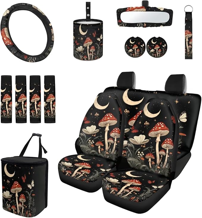 Moon Mushroom Butterfly Car Seat Covers Full Set for Women Cute Car Accessories Interior Car Steering Wheel Cover Seatbelt Covers Trash Bin Rear View Mirror Cover Cup Holders Keychain