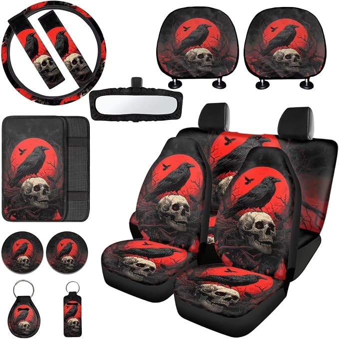 Crow Skull Print Car Seat Covers Set of 15 High Back Front and Back Seat Covers with Steering Wheel Cover Safety Belt Pads Headrest Protectors Armrest Cushion Cup Coasters and Keychain