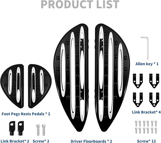 Motorcycle Floorboards Set Driver Front Footboards and Rear Passenger Foot Pegs Kit Hollow Striped Style Compatible with Harley Touring Road King Road Glide Electra Glide Street Glide (Black)