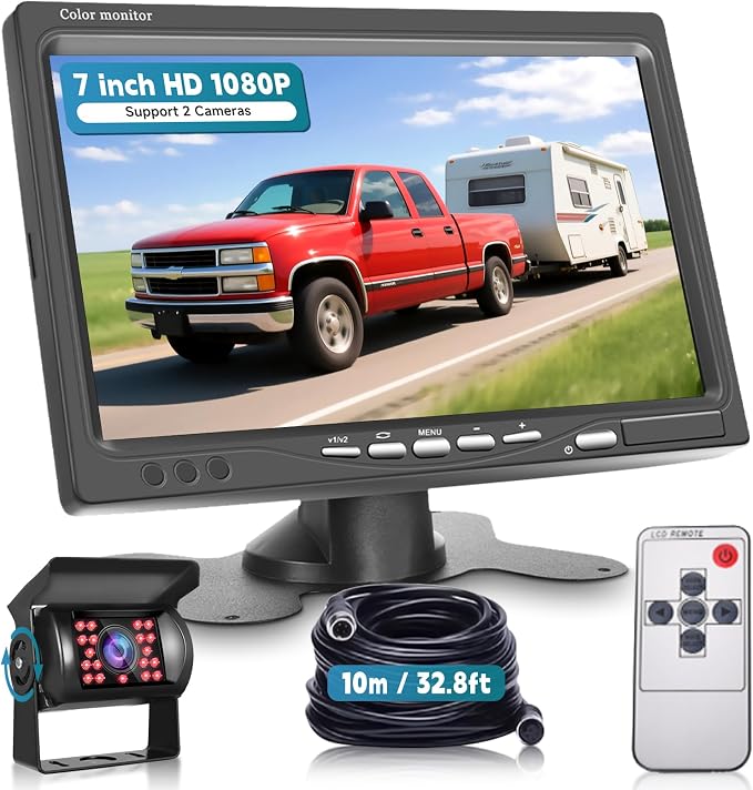 RV Backup Camera System with 7" LCD Monitor,DIY Guide line,18 IR LEDs Night Vision, Waterproof, 4-pin Aviation Rear View Camera for Car Truck Camper Trailer Excavator Caravan Bus RV(12-24V)