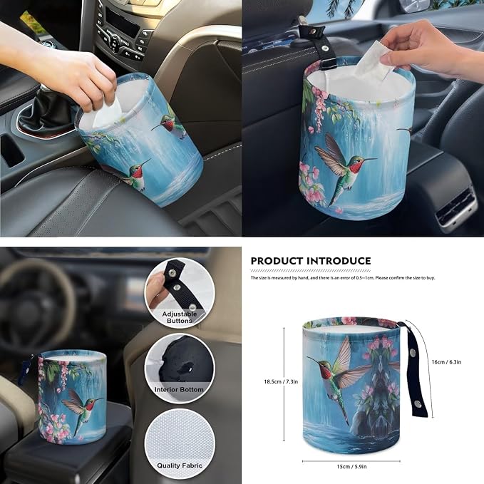 15 Pcs Blue Hummingbird Floral Car Seat Cover Full Set for Women with Car Steering Wheel Cover Seat Belt Cover Trash Bin Front Rear View Mirror Car Cup Holder Keychain