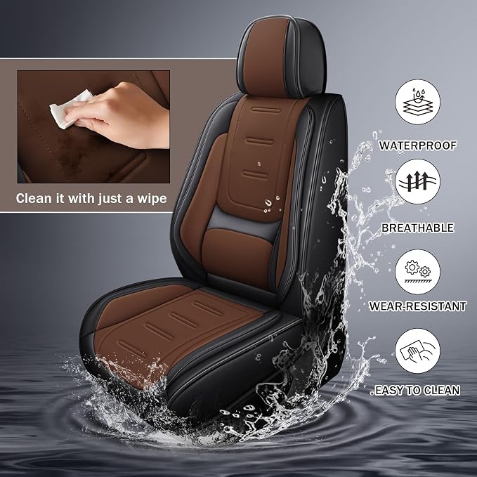 otoez Nappa Leather Car Seat Covers Full Set, Breathable Leather Automotive Seat Covers Front & Rear Seat Protectors with Lumbar Support, Universal Fit for Most Cars SUV Truck Sedan(Black+Brown)