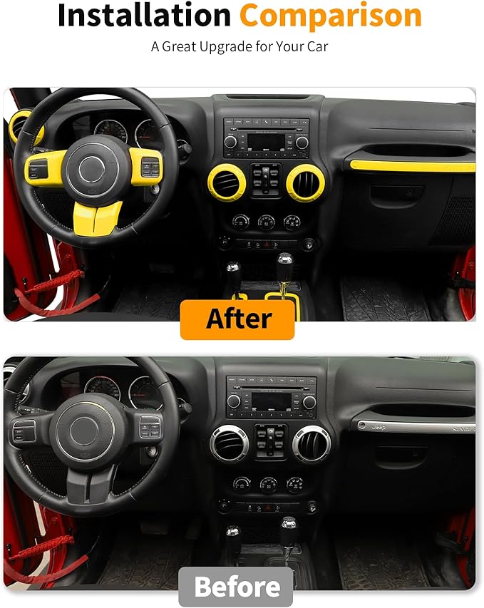 Hoolcar Steering Wheel Cover Gear Shift Panel Trim Cover Water Cup Holder Cover Kit Interior Accessories Kit Fit for Jeep Wrangler JK JKU 2011-2018, 4-Door, Yellow