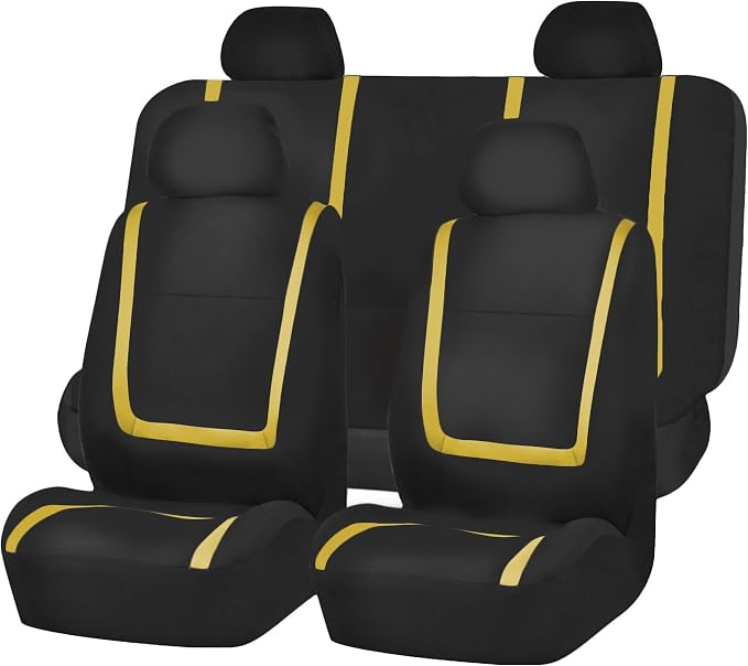 FH Group Automotive Seat Car Covers Unique Flat Cloth Yellow Full Set, Combo Steering Wheel Cover and Seat Belt Pads Rear Solid Bench Universal Fit for Vans Cars Trucks and SUV Interior Accessories