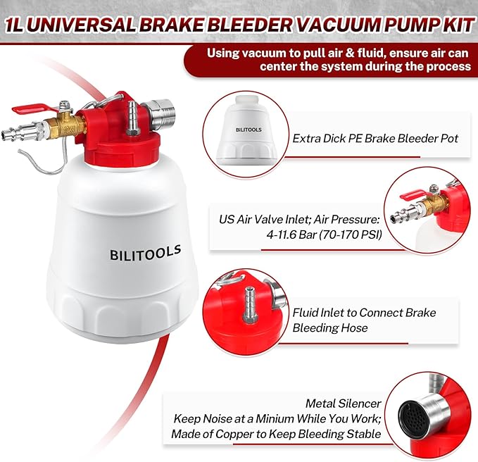 BILITOOLS 1L Universal Brake Bleeder Kit, Vacuum Brake Fluid Bleeding Tool | Pneumatic One Person Brake System Clutch Fluid Extractor Kit, Quick, Clean & Efficient