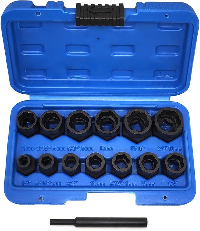 14PCS Twist Lug Nut Socket Set - 3/8 inch Drive Damaged Nut Lock Remover Extractor - Rusted & Stubborn Locking Nut Removal Tool Kit Center Punch Bar