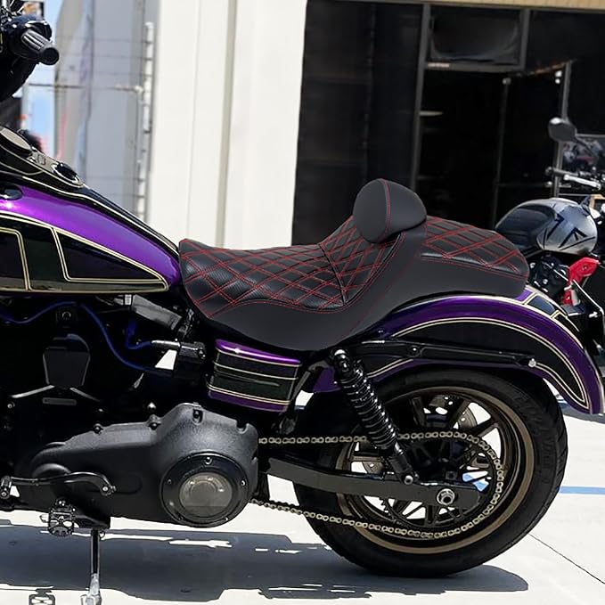 Motorcycles Driver Passenger Seat Cushion Pad One-Piece Seat Leather Pillion with Driver Backrest Fit for Harley Low Rider FXLR FXLRS Sport Glide FLSB 2018-2024 (Red Stitching)
