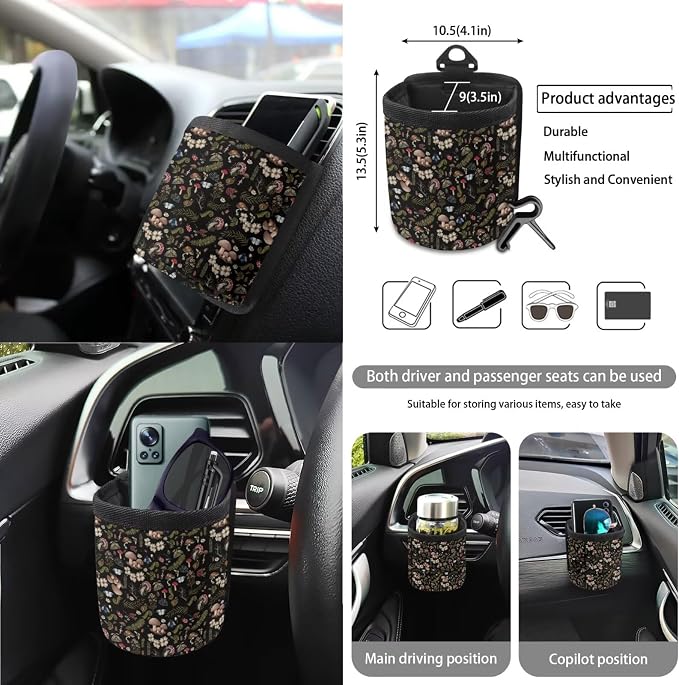 Cottagecore Mushroom Snail Moth Fern 15Pcs Car Seat Cover Full Set Car Steering Wheel Cover Seat Belt Cover Trash Bin Air Vent Storage Box Front Rear View Mirror Car Cup Holder Keychain