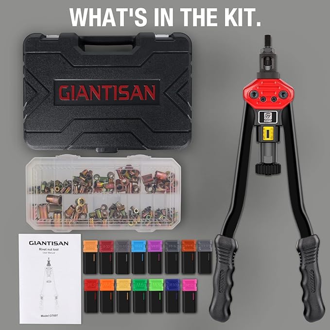 Rivet Nut Tool, GIANTISAN 16-inch Rivnut Tool Kit with 15 SAE & Metric Mandrels, 236pcs Rivnut Assortment Kit and Carrying Case, Designed for Labour Saving, Ideal for Automotive, Home and DIY Projects