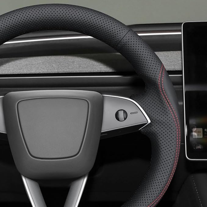 MEWANT Hand Stitch Black Real Leather Steering Wheel Cover for Tesla Model 3 Highland Model Juniper DIY Steering Wrap