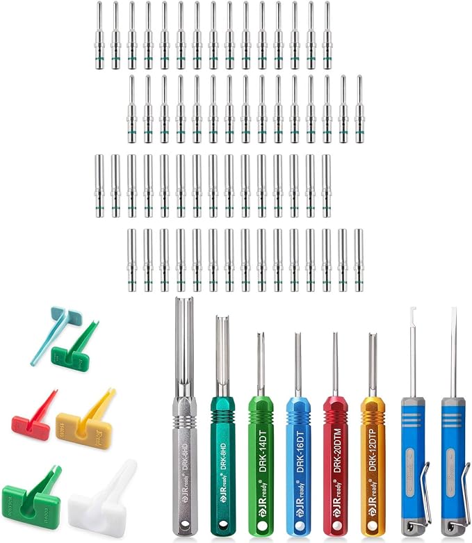 JRready ST5257-PRO Deutsch Connector Tool Kit for 4#8#16#12#20# Solid/Stamped Contacts 6-22 AWG + ST6258 DT Connector Solid Contacts Kit Size 16 Terminal KIT 30 PCS Male Pins and 30PCS Female Sockets