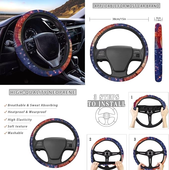 Wanyint Car Seat Covers Full Set 12 Pieces, with Steering Wheel Seat Belt Covers Armrest Pad Handbrake Gear Shift Knob Cover Cup Coaster Universal Fit for 4th of July, American Flag Fireworks