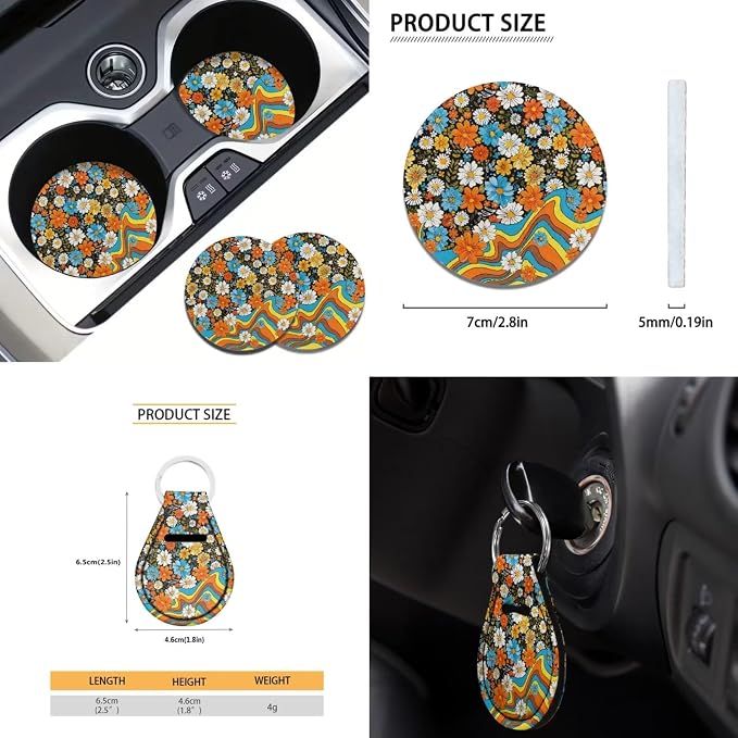 12 Pcs Hippie Flower Car Seat Covers Full Set for Women Lady,Retro Daisy Flower Colorful Swirl Wavy Auto Seat Protection Groovy Floral Steering Wheel Cover Car Coaster Automotive Interior Set
