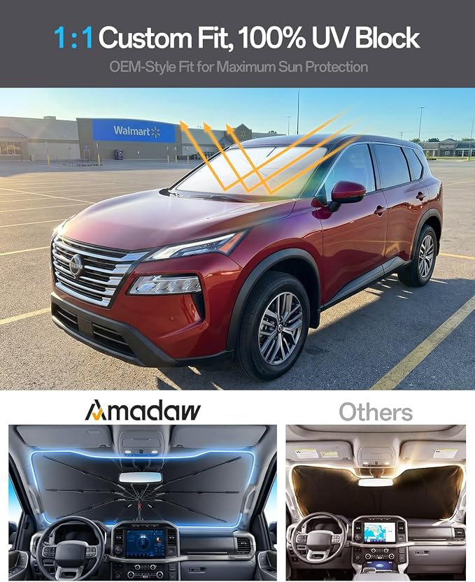 Windshield Sun Shade for Nissan Rogue 2008–2026, Foldable Umbrella Sunshade with 100% UV Block, Multi-Layer Heat Insulation, Reinforced 10-Rib Frame, Keeps Car Cooler, Summer Car Accessory