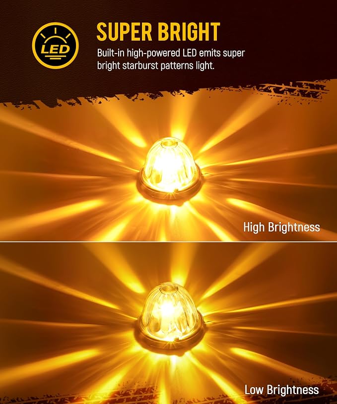Partsam 2Pcs Glass Watermelon Lights [Patented] Clear Lens Amber LED Side Marker Turn Signal Lights with Bezel Replacement for Kenworth Peterbilt Freightliner Trucks