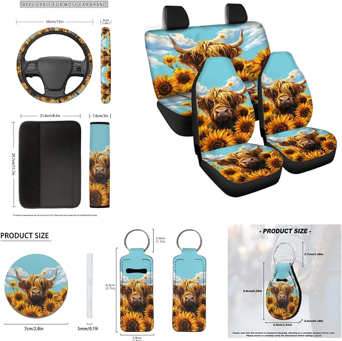 INSTANTARTS Aesthetic Sunflower Highland Cow 13 Piece Auto Accessories Auto Front and Rear Seat Covers Seat Belt Covers Steering Wheel Covers Coasters Keychains Lipstick Covers
