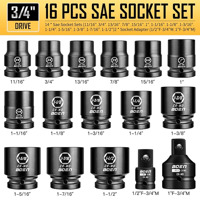 boen 3/4" Drive SAE Standard Socket Set, 11/16" - 1-1/2" Large Impact Sockets, 6-Point CR-MO Steel, Rugged Construction,16PCS with a Storage Case, for Large Vehicle and Machinery Maintenance