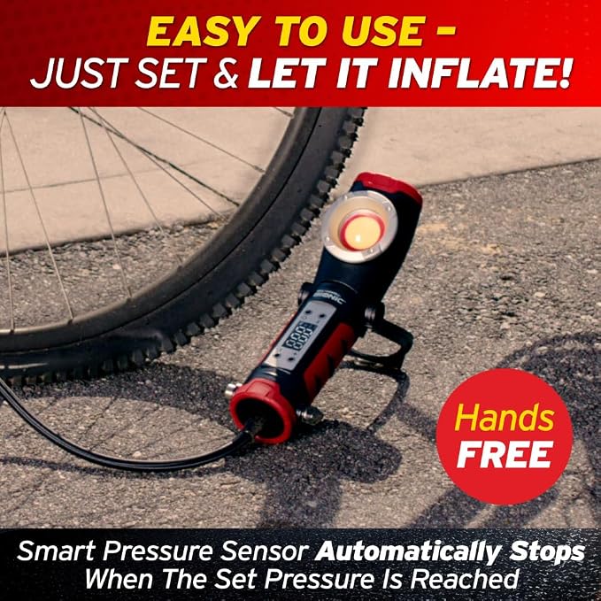 BIONIC Car Tire Inflator Portable Air Compressor with LED Road Flare, Work Light, & Window Breaker, 1500MAH Air Pump with Pressure Gauge, Emergency Lights for Vehicles, Rechargeable (120 PSI)