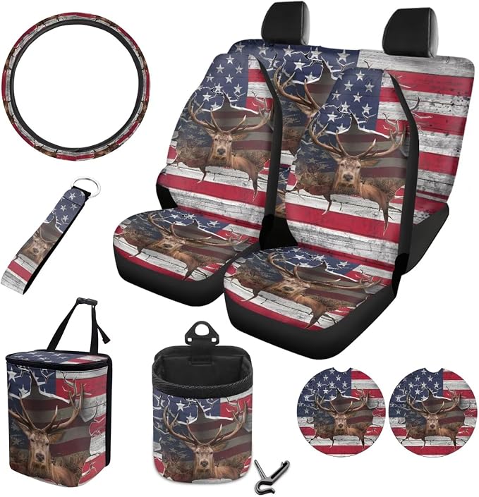 3D Deer American Flag Print 10pcs Car Accessories, Non Fading Auto Front & Rear Seat Cover Steering Wheel Cover Car Trash Can Keychains Coasters Air Vent Storage Bag for Women Men