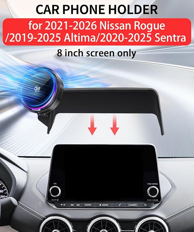 Qi2.2 25W Magnetic Car Mount Charger for 2021-2026 Nissan Rogue/2019-2025 Altima/2020-2025 Sentra Accessories,for Fast Charging Cell Phone Holder 8 Inch Screen Fixed Clip with Cooling Fan