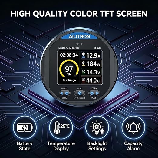 TR24 Battery Monitor with Shunt 350A, 8V-100V High-Precision Coulometer for LiFePO4, AGM & Lead-Acid - Smart TFT Color Screen for RV, Marine, Golf Cart, Solar Off-Grid System, IP68 Waterproof
