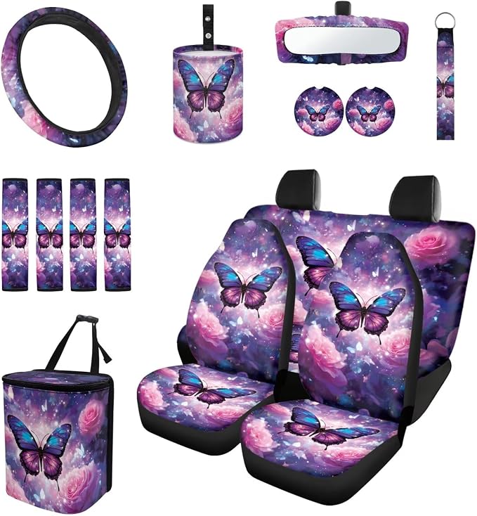 Purple Floral Car Aaccessories Full Set of 15 Pcs, Butterfly Car Seat Covers Set with Rear View Mirror Cover,Steering Wheel Covers,Car Trash Can with Lid for Women Man,Universal Fit