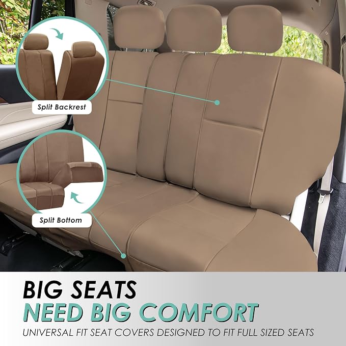 FH Group Car Seat Cover Airbag Compatible Full Set Beige Premium PU Leather - Split Bench Combo Vinyl Floor Mats Seat Covers Interior Accessories Universal Fit for Cars Trucks SUV