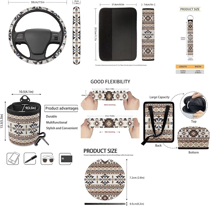 XYZCANDO Tribal Patterns Car Interior Sets 15 PCS Car Seat Cover Set Steering Wheel Cover Storage Box Seat Belt Pads Cover Garbage Bag Rear View Mirror Cover Coasters Keychain Fit Most Cars