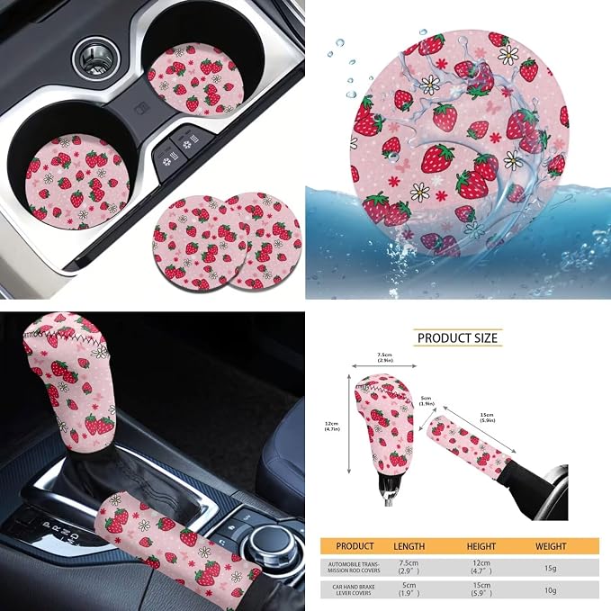 Tupalatus Cute Strawberry 9 Pcs Car Seat Covers Car Accessories Set for Men Women Steering Wheel Cover Auto Seat Belt Cover Coasters Gear Shift Cover Hand Brake Cover