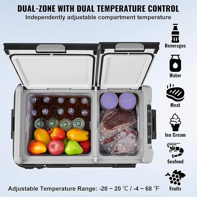 VEVOR Car Refrigerator 58L / 61.5 QT, Dual Zone 12 Volt Compressor Fridge, -4℉ to 68℉ Adjustable, Portable Freezer Cooler for Car, RV, Camping, Home