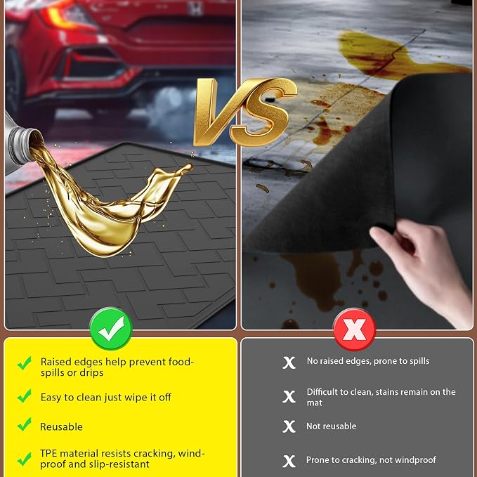 Oil Spill Mat for Garage, 60" x 37" Heavy Duty TPE Oil Change Mat with Raised Edge, Reusable Oil Drain Pan, Waterproof, Oil-Proof, Non-Slip Under Car Mat,Protect Garage Surface from Spill & Stain | Oil Spill Mat