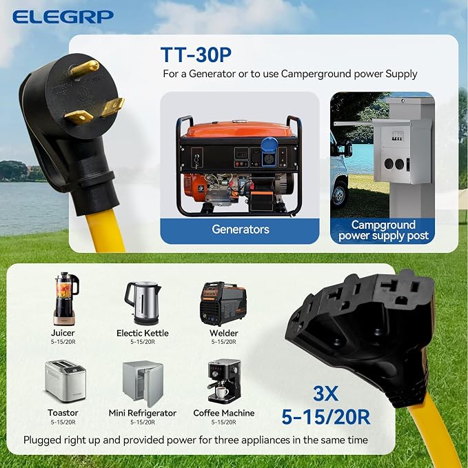 ELEGRP 30 Amp to 110 RV Adapter Plug, 3 Way Outlet Splitter, NEMA TT-30P to 3X5-15R/5-20R for Generator Camper Travel Trailer, 10AWG Heavy Duty STW with Grip Handles, UL Standard Compliant