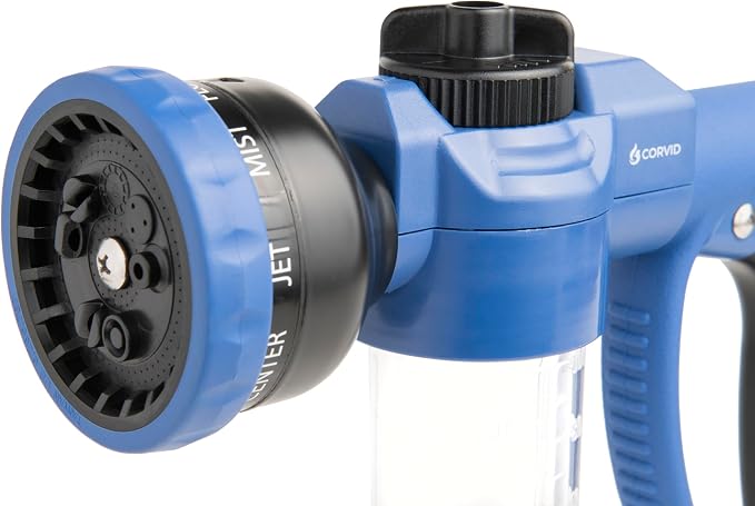 Corvid Adjustable Nozzle with Soap Dispenser, 8-Pattern Spray Hose Nozzle for Cleaning Cars, House, and Pets - Lightweight Plastic Design