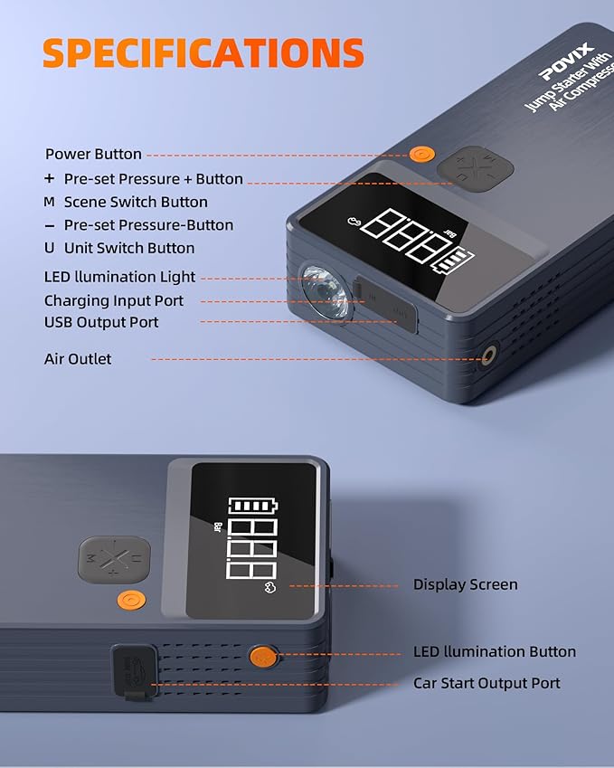 Car Battery Jump Starter with Air Compressor,8000mAh Battery Jump Box with Tire Inflator,Jump Booster with Smart Jumper Cables,LED Light Emergency Kits for Vehicles,Arrancador Ae Batería