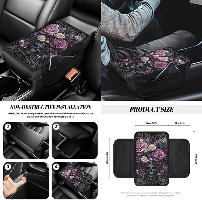 Rose Skull Print Full Set Car Seat Covers with Accessories Includes Steering Wheel Cover Center Console Pad Safety Belt Pads Inside Rearview Mirror Cover Garbage Bag Coasters